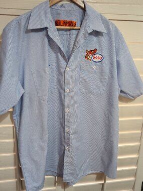 Vintage Gas Station Red Kap XL Short Sleeve Blue White Striped Button Up